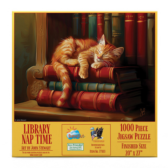 SUNSOUT INC - Library Nap - 1000 pc Jigsaw Puzzle by Artist: John Stewart - Finished Size 20" x 27" - MPN# 77103