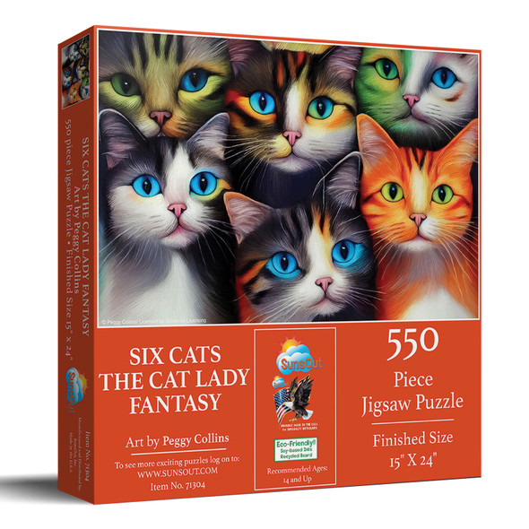 SUNSOUT INC - Six Cats the Cat Lady Fantasy - 550 pc Jigsaw Puzzle by Artist: Peggy Collins - Finished Size 15" x 24" - MPN# 71304
