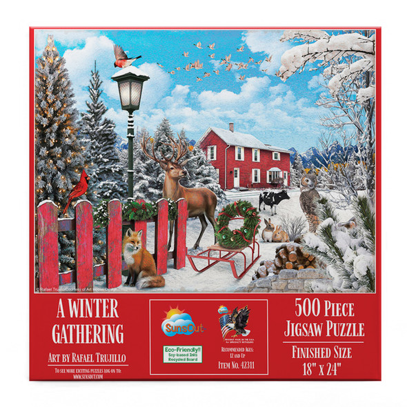 SUNSOUT INC - A Winter Gathering - 500 pc Jigsaw Puzzle by Artist: Rafael Trujillo - Finished Size 18" x 24" - MPN# 42311