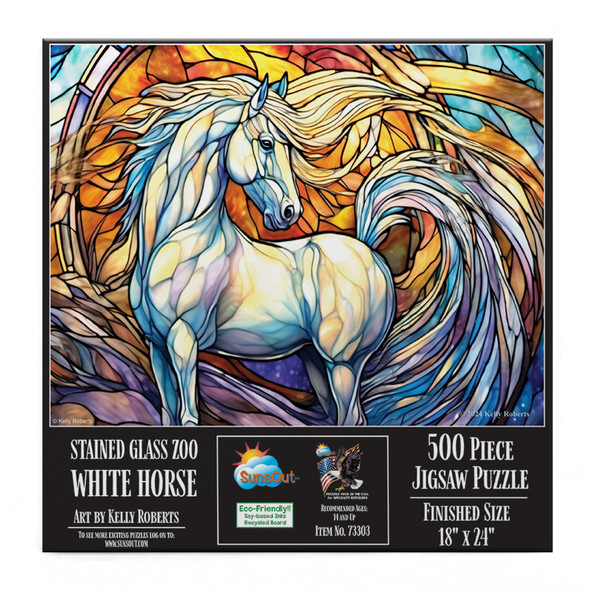 SUNSOUT INC - Stained Glass Zoo - White Horse - 500 pc Jigsaw Puzzle by Artist: Kelly Roberts - Finished Size 18" x 24" - MPN# 73303