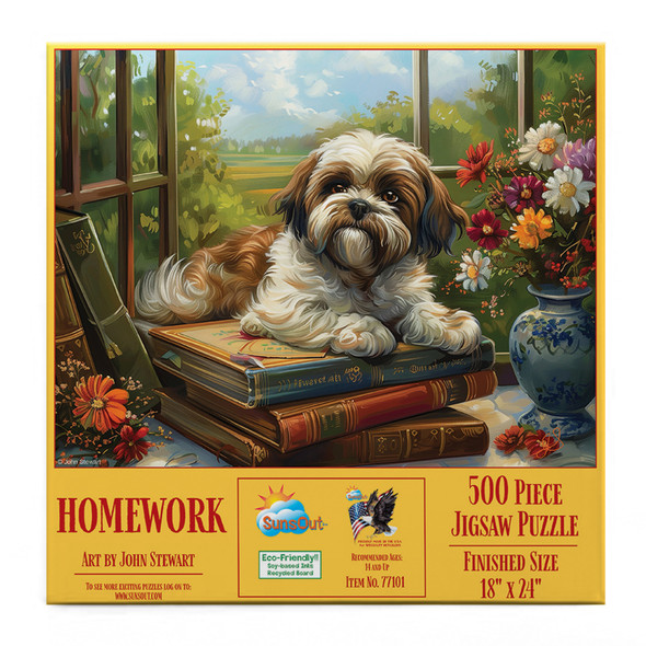 SUNSOUT INC - Homework Shih Tzu - 500 pc Jigsaw Puzzle by Artist: John Stewart - Finished Size 18" x 24" - MPN# 77101