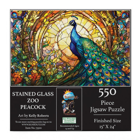 SUNSOUT INC - Stained Glass Zoo Peacock - 550 pc Jigsaw Puzzle by Artist: Kelly Roberts - Finished Size 18" x 24" - MPN# 73320