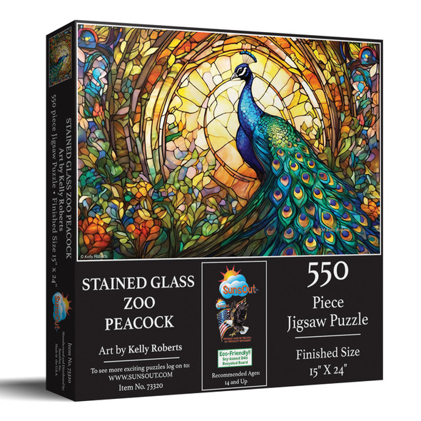 SUNSOUT INC - Stained Glass Zoo Peacock - 550 pc Jigsaw Puzzle by Artist: Kelly Roberts - Finished Size 18" x 24" - MPN# 73320