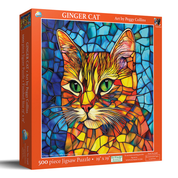 SUNSOUT INC - Stained Glass Ginger Cat - 500 pc Jigsaw Puzzle by Artist: Peggy Collins - Finished Size 15" x 24" - MPN# 71368