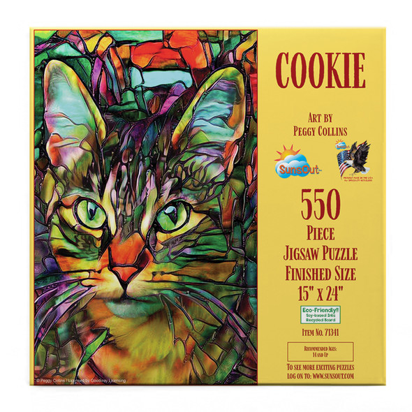 SUNSOUT INC - Cookie Stained Glass Cat- 550 piece Jigsaw Puzzle for Adults by Artist: Peggy Collins - Finished Size 15 x 24" - MPN# 71341