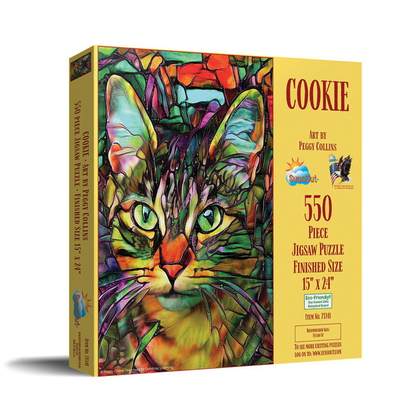 SUNSOUT INC - Cookie Stained Glass Cat- 550 piece Jigsaw Puzzle for Adults by Artist: Peggy Collins - Finished Size 15 x 24" - MPN# 71341