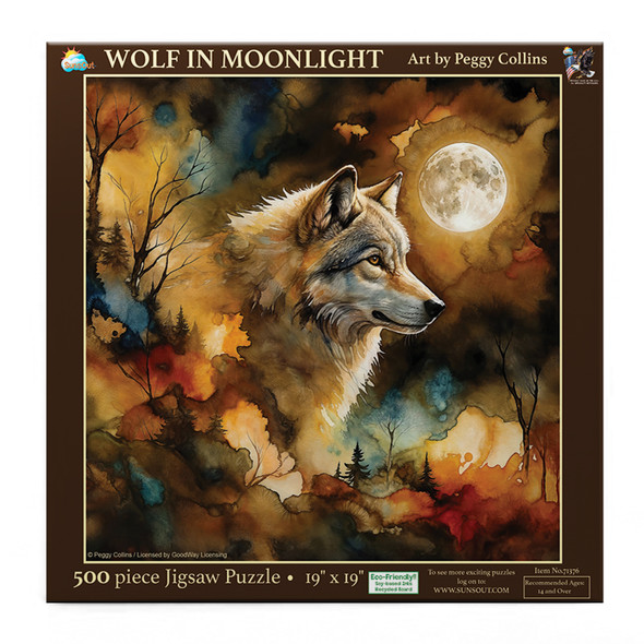 SUNSOUT INC - Wolf in Moonlight 500 piece Jigsaw Puzzle for Adults by Artist: Peggy Collins - Finished Size 19" x 19" - MPN# 71376