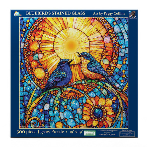SUNSOUT INC - Bluebirds Stained Glass 500 piece Jigsaw Puzzle for Adults by Artist: Peggy Collins - Finished Size 19" x 19" - MPN# 71501