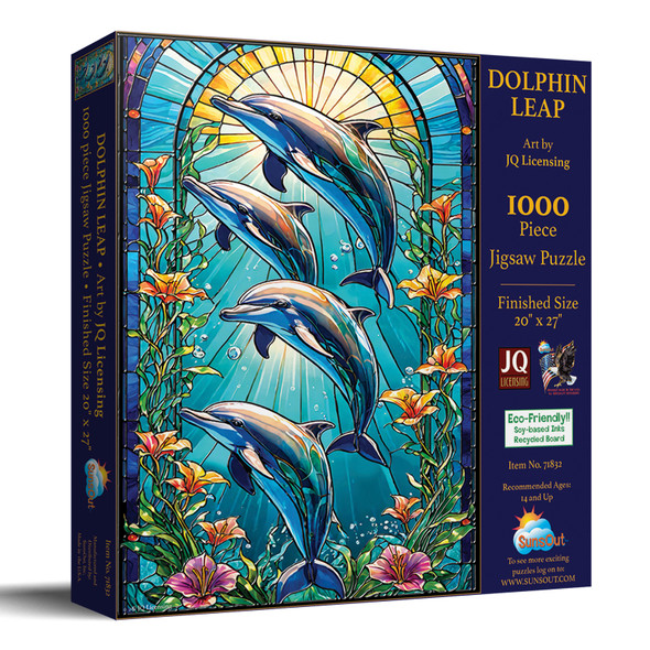 SUNSOUT INC - Dolphin Leap Stained Glass 1000 piece Jigsaw Puzzle for Adults by Artist: JQ Licensing - Finished Size 20" x 27" - MPN# 71832