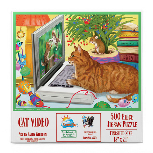 SunsOut Cat Videos 500 Piece Jigsaw Puzzle for Adults - Finished Size: 18" x 24" by Artist: Kathy Wilcurn