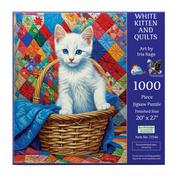 Sunsout White Kitten and Quilts 1000 Piece Jigsaw Puzzle for Adults - Finished Size: 20" x 27" by Artist: Peggy Collins