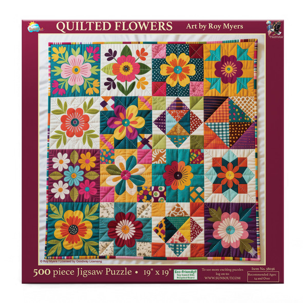 Sunsout Quilted Flowers 500 Piece Jigsaw Puzzle for Adults - Finished Size: 19" x 19" by Artist: Roy Myers