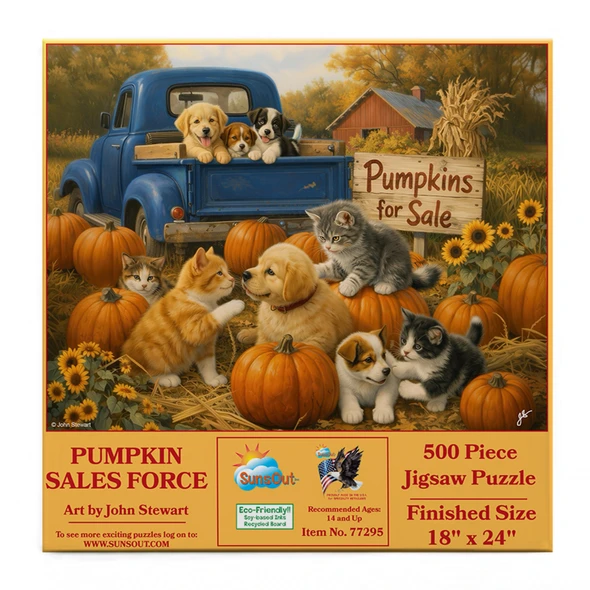 Sunsout Pumpkin Sales Force 500 Piece Jigsaw Puzzle for Adults - Finished Size: 18" x 24" by Artist: John Stewart