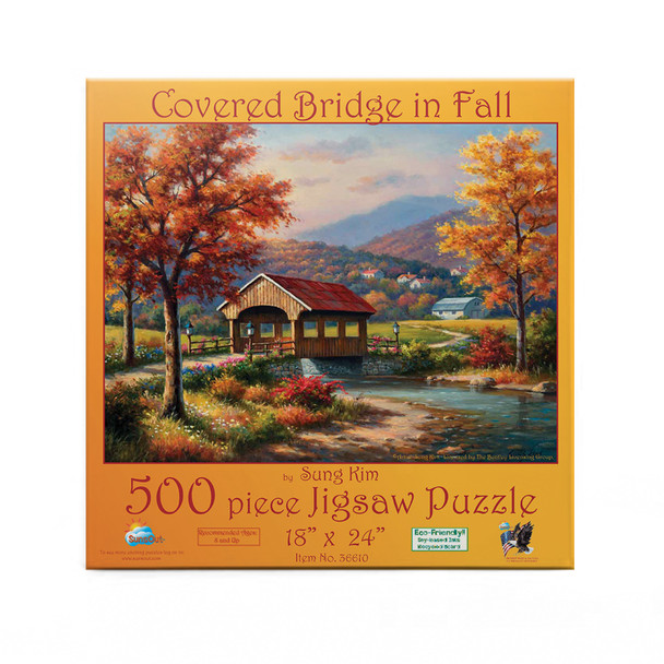 SUNSOUT INC - Covered Bridge in Fall - 500 pc Jigsaw Puzzle by Artist: Sung Kim - Finished Size 18" x 24" - MPN# 36610
