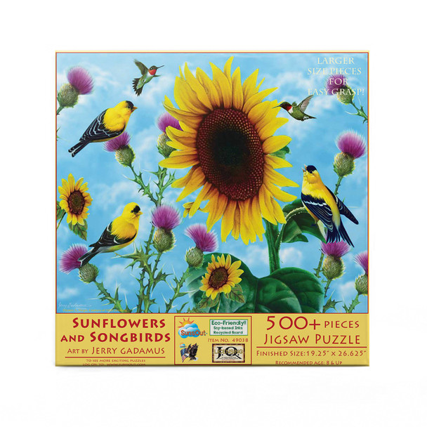 SUNSOUT INC - Sunflowers and Songbirds - 500 pc Large Pieces Jigsaw Puzzle by Artist: Jerry Gadamus - Finished Size 19.25" x 26.625" - MPN# 49038