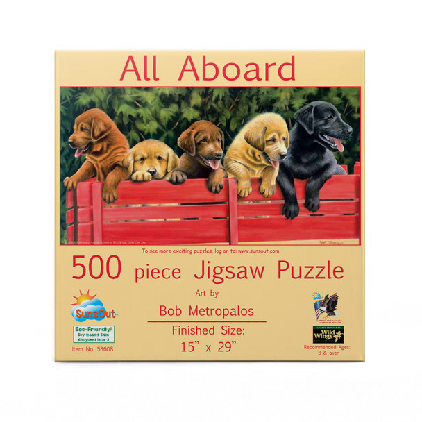 SUNSOUT INC - All Aboard - 500 pc Jigsaw Puzzle by Artist: Bob Metropulos - Finished Size 15" x 29" Dogs - MPN# 53608