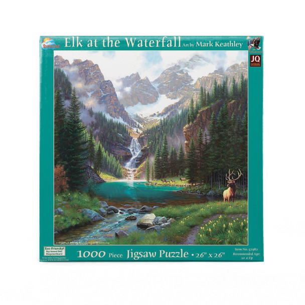 SUNSOUT INC - Elk at the Waterfall - 1000 pc Jigsaw Puzzle by Artist: Mark Keathley - Finished Size 26" x 26" - MPN# 52982