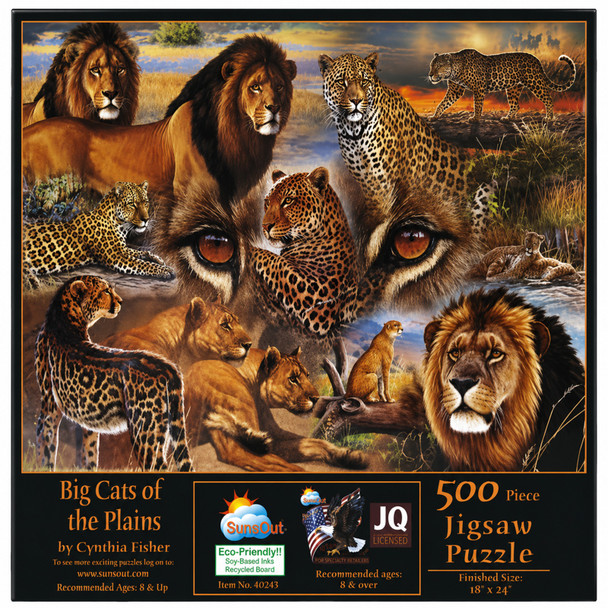 SunsOut Big Cats of the Plains 500 piece Jigsaw Puzzle for Adults by Artist: Cynthie Fisher - Finished Size 18" x 24" - MPN# 70934