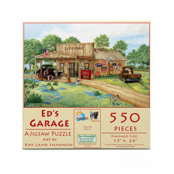 SUNSOUT INC - Ed's Garage - 550 pc Jigsaw Puzzle by Artist: Kay Lamb Shannon - Finished Size 15" x 24" - MPN# 58213