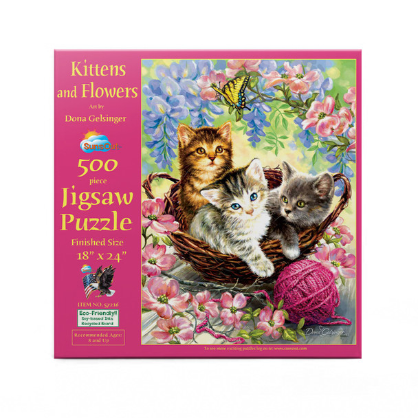 SUNSOUT INC - Kittens and Flowers - 500 pc Jigsaw Puzzle by Artist: Dona Gelsinger - Finished Size 18" x 24" - MPN# 57216
