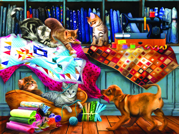SUNSOUT INC - Quilting Room Mischief - 1000 pc Jigsaw Puzzle by Artist: Tom Wood - Finished Size 20" x 27" - MPN# 28874