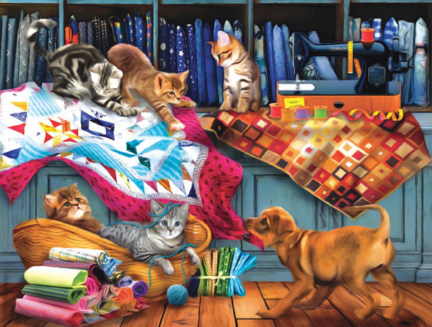 SUNSOUT INC - Quilting Room Mischief - 300 pc Jigsaw Puzzle by Artist: Tom Wood - Finished Size 18" x 24" - MPN# 28832
