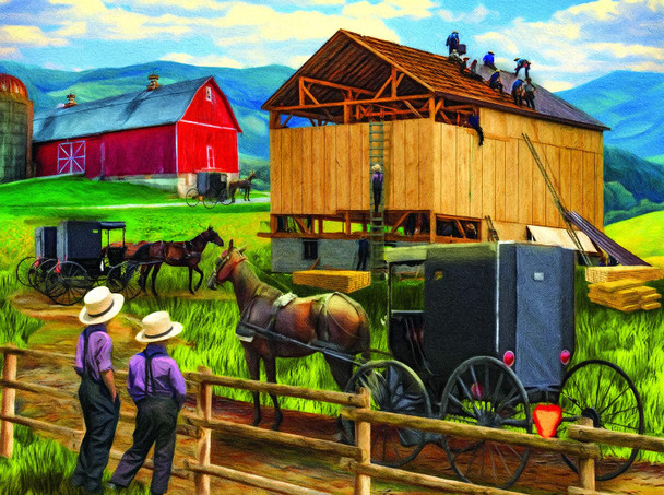 SUNSOUT INC - Raising the Barn - 500 pc Jigsaw Puzzle by Artist: Tom Wood - Finished Size 18" x 24" - MPN# 28910