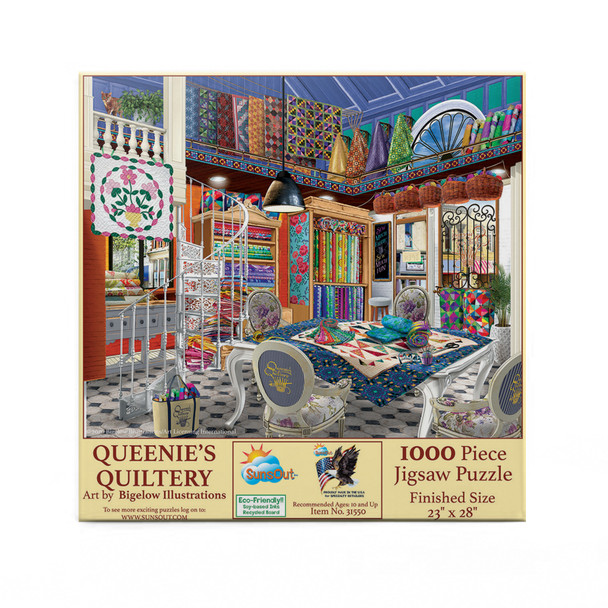 SUNSOUT INC - Queenie's Quiltery - 1000 pc Jigsaw Puzzle by Artist: Bigelow Illustrations - Finished Size 23" x 28" - MPN# 31550