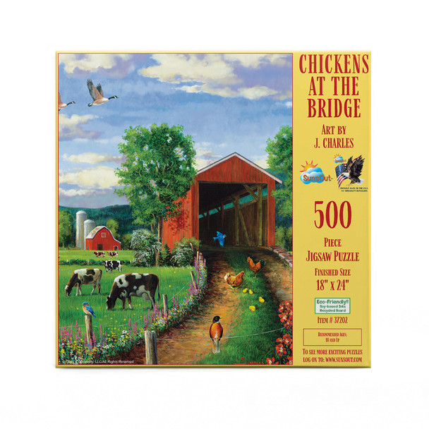 SUNSOUT INC - Chickens At the Bridge - 500 pc Jigsaw Puzzle by Artist: J. Charles - Finished Size 18" x 24" - MPN# 37202
