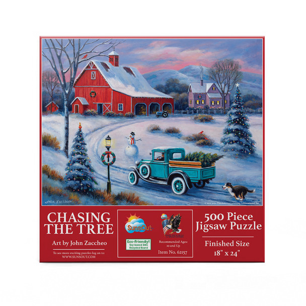 SUNSOUT INC - Chasing the Tree - 500 pc Jigsaw Puzzle by Artist: John Zaccheo - Finished Size 18" x 24" Christmas - MPN# 62157