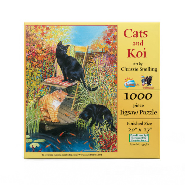 SUNSOUT INC - Cats and Koi - 1000 pc Jigsaw Puzzle by Artist: Chrissie Snelling - Finished Size 20" x 27" - MPN# 59582