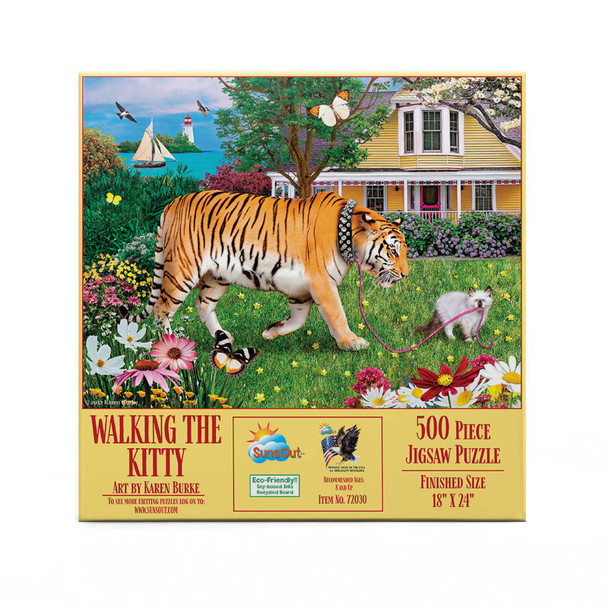 SUNSOUT INC - Walking the Kitty - 500 pc Jigsaw Puzzle by Artist: Karen Burke - Finished Size 18" x 24" - MPN# 72030 SUNSOUT INC - Walking the Kitty - 500 pc Jigsaw Puzzle by Artist: Karen Burke - Finished Size 18" x 24" - MPN# 72030