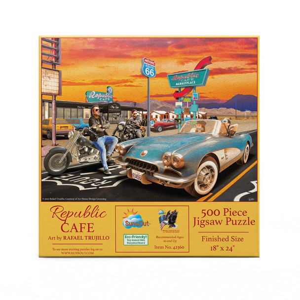 SUNSOUT INC - Republic Cafe - 500 pc Jigsaw Puzzle by Artist: Rafael Trujillo - Finished Size 18" x 24" Cars - MPN# 42360