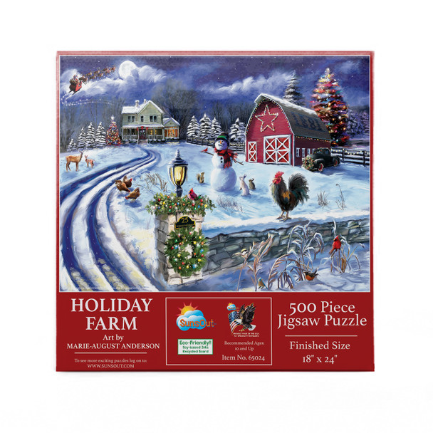SUNSOUT INC - Holiday Farm Road - 500 pc Jigsaw Puzzle by Artist: Marie August-Anderson - Finished Size 18" x 24" Christmas - MPN# 65024