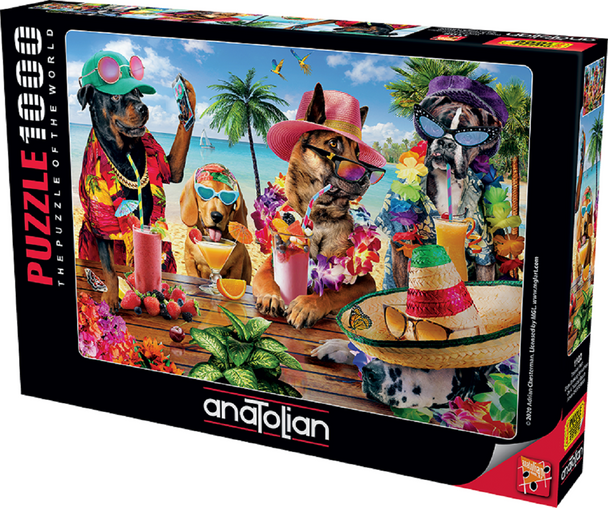 Anatolian Puzzle - Dogs drinking smoothies on a tropical beach - 1000 pc Jigsaw Puzzle - # 1102