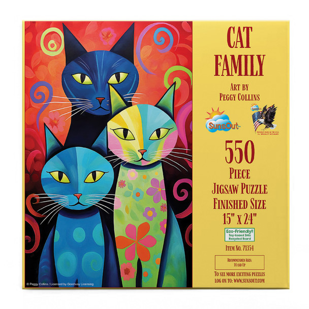 SUNSOUT INC - Cat Family - 550 pc Jigsaw Puzzle by Artist: Peggy Collins - Finished Size 15" x 24" - MPN# 71354