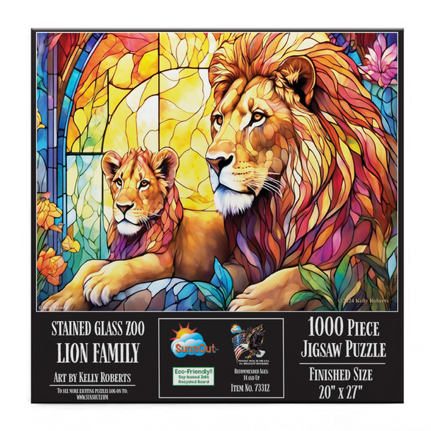 SUNSOUT INC - Stained Glass Zoo - Lion Family - 1000 pc Jigsaw Puzzle by Artist: Kelly Roberts - Finished Size 20" x 27" - MPN# 73312