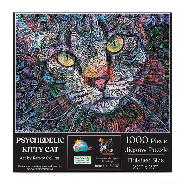 SUNSOUT INC - Psychedelic Kitty Cat - 1000 pc Jigsaw Puzzle by Artist: Peggy Collins - Finished Size 20" x 27" - MPN# 71307