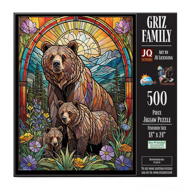 SUNSOUT INC - Griz Family Stained Glass Bears - 500 pc Jigsaw Puzzle by Artist: JQ Licensing - Finished Size 18" x 24" - MPN# 71801