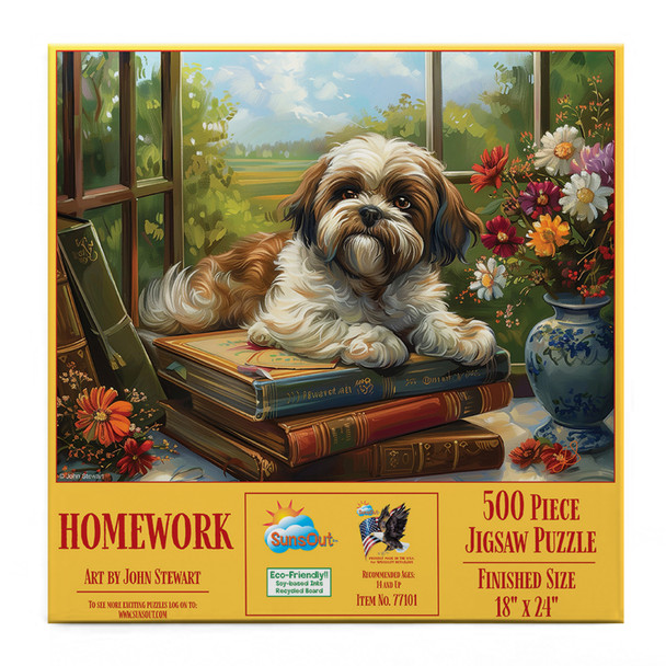 SUNSOUT INC - Homework Shih Tzu - 500 pc Jigsaw Puzzle by Artist: John Stewart - Finished Size 18" x 24" - MPN# 77101