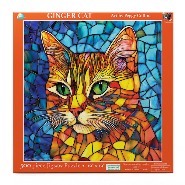SUNSOUT INC - Stained Glass Ginger Cat - 500 pc Jigsaw Puzzle by Artist: Peggy Collins - Finished Size 15" x 24" - MPN# 71368