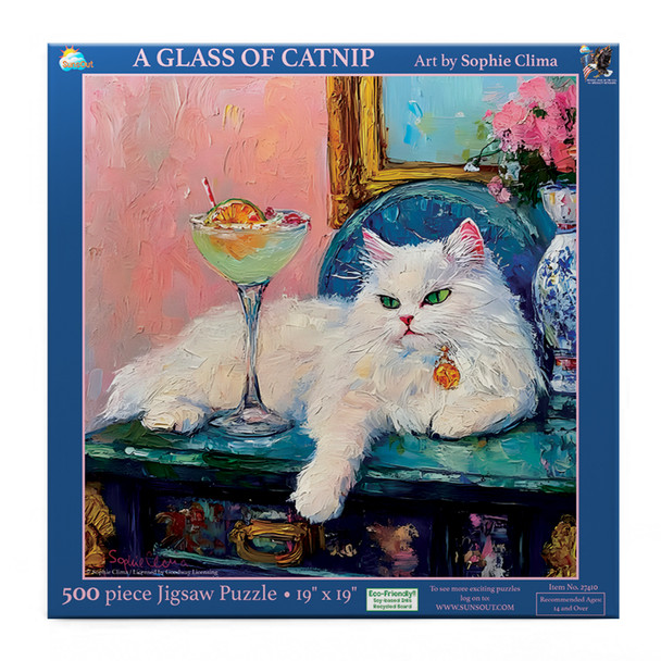 SUNSOUT INC - A Glass of Catnip - 500 piece Jigsaw Puzzle for Adults by Artist: Sophie Clima - Finished Size 19" x 19" - MPN# 27410