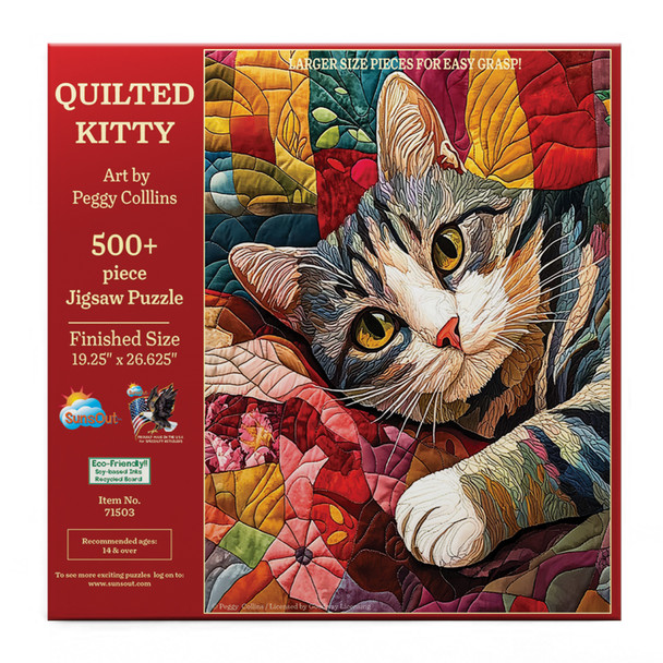 SUNSOUT INC - Quilted Kitty 500 piece Jigsaw Puzzle for Adults, Large Pieces, by Artist: Peggy Collins - Finished Size 19.25" x 26.625" - MPN# 71503