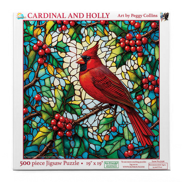 SunsOut Cardinal and Holly 500 Piece Jigsaw Puzzle for Adults - Finished Size: 19" x 19" by Artist: Peggy Collins