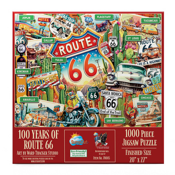 Sunsout 100 years of Route 66 1000 Piece Jigsaw Puzzle for Adults - Finished Size: 20" x 27" by Artist: Ward Thacker Studio