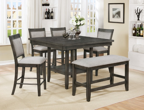 Fulton 6-Pc Counter Height w/Bench and Lazy Susan Table Set Grey