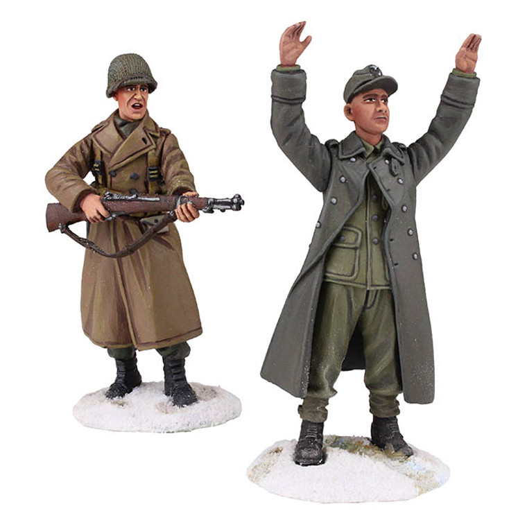 BR25034 Keep Your Hands Up Kid - U.S. Infantry Wearing Overcoat with M-1 Garand and Young German Prisoner with Hands Up - Two figure set in box