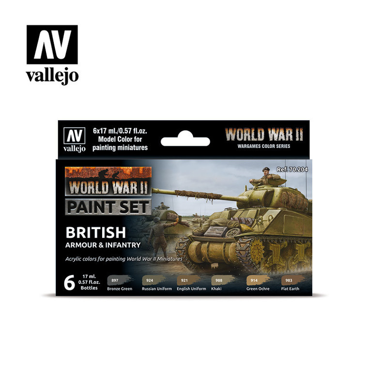AV70204 Vallejo Model Colour WWII British Armour & Infantry Acrylic 6 Colour Paint Set [70204]