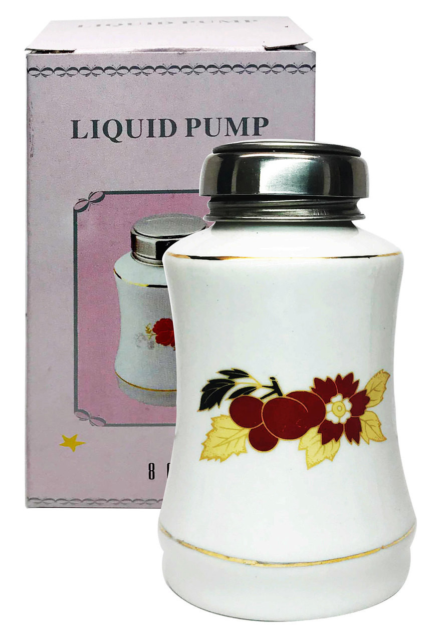 Flower Patterned Porcelain Bottle with Stainless Steel Liquid Pump - 8 oz.