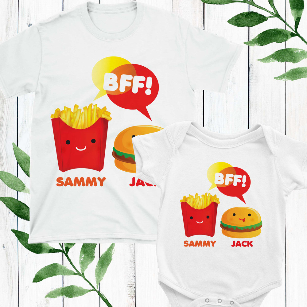 Matching Best Friends Shirts for Toddler Boys and Baby - Kids BFF Tees with Names - Personalized Boys Cheeseburger and Fries T-Shirt